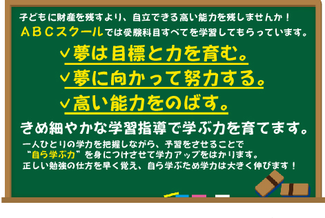 子どもに財産を残すより、自立できる高い能力を残しませんか！ ＡＢＣスクールでは受験科目すべてを学習してもらっています。 夢は目標と力を育む。 夢に向かって努力する。 高い能力をのばす。 きめ細やかな学習指導で学ぶ力を育てます。 一人ひとりの学力を把握しながら、予習をさせることで “自ら学ぶ力”を身につけさせて学力アップをはかります。 正しい勉強の仕方を早く覚え、自ら学ぶため学力は大きく伸びます！